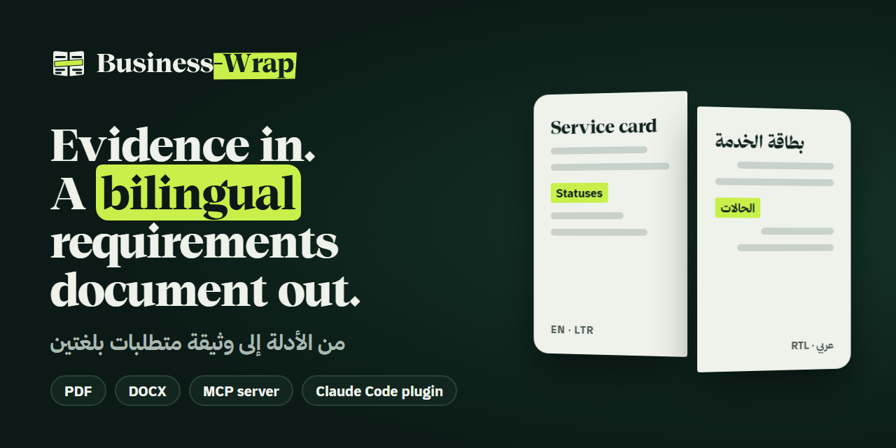 Business-Wrap: two pages on one spine, Arabic and English, one highlighter stroke across both