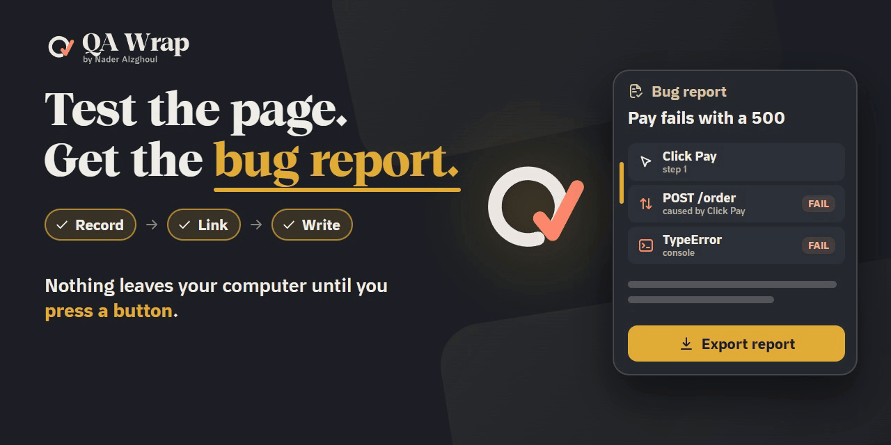 QA-Wrap banner: a test session is recorded, a failure is linked to the click that caused it, and the bug report writes itself