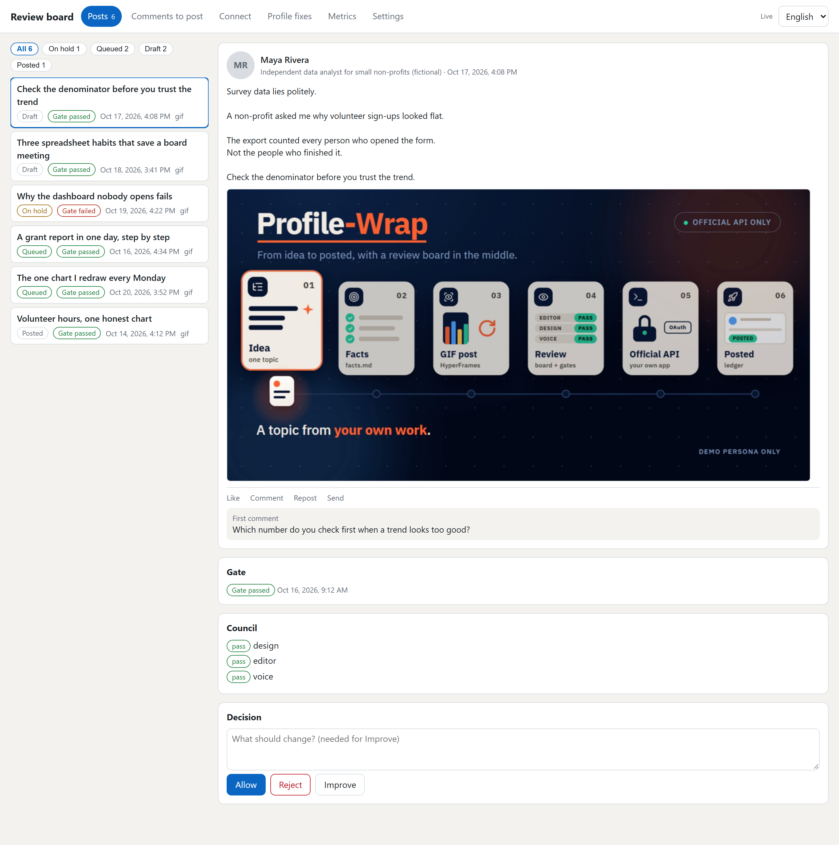 The Profile-Wrap review board: a list of posts on the left, one post with its image on the right, and the Allow, Reject and Improve buttons below it.